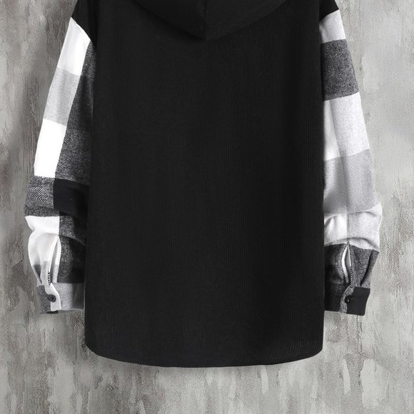 Black And White Casual Mens Plaid Print Drawstring Hooded Overcoat - Picture 4 of 7